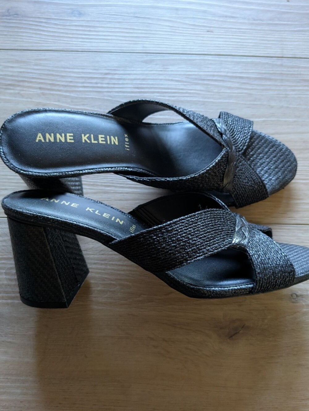 Anne Klein Black Woven Slide Mules with Chunky Heel - Picture 2 of 8